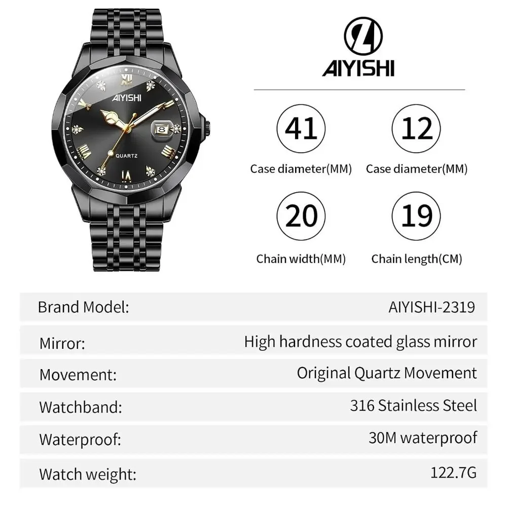Men's Watch Stainless Steel Analog Quartz, Roman Numerals, Waterproof, Black